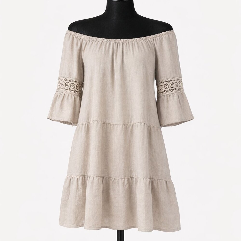Terzo Millennio Italy 100% Linen Crochet Sleeve Dress Beige Size L - Mediterrane